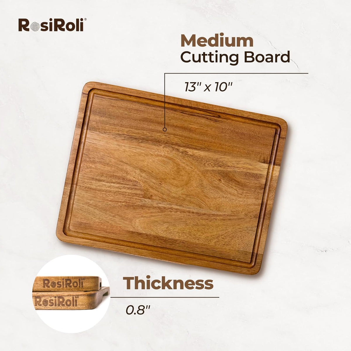 Acacia Wood Cutting Board for Kitchen - 0.8 inch Thick Wood Charcuterie Cheese Board with Side Handles and Juice Grooves, Wooden Chopping Block for Meat and Veggies, 13x10 inch