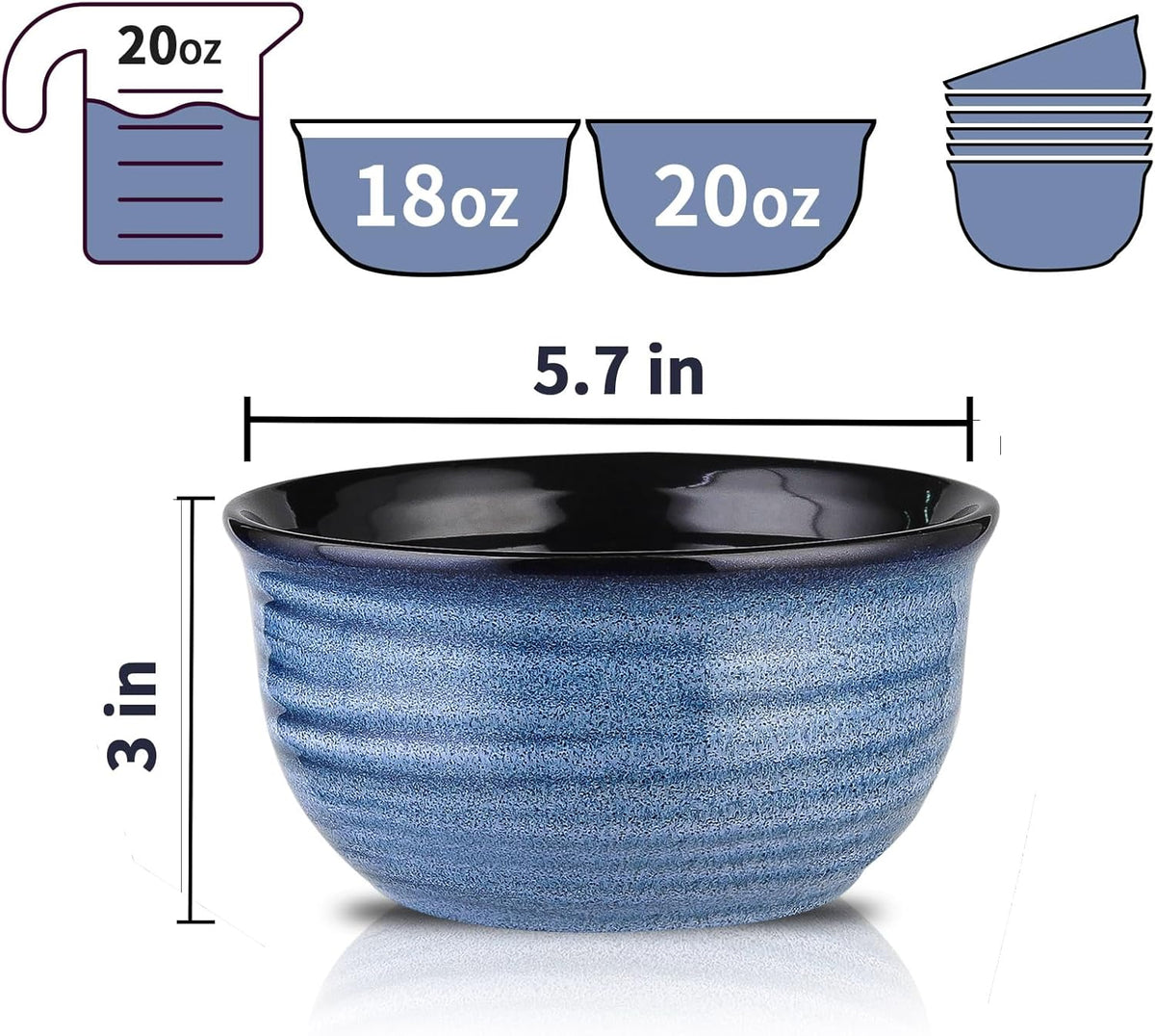 MEKY 20oz Soup Bowls, Stackable and Durable Ceramic Bowls for Kitchen, Elegant Perfect for Pasta, Cereal,Oatmeal, Rice, and Ice Cream, Microwave & Dishwasher Safe,Set of 6, Blue