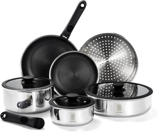 ROYDX New Model Hybrid Nonstick Cookware Set 19-Piece Stainless Steel Pots and Pans Set with Removable Handles, Save Space,Dishwasher and Oven Safe, Induction Ready, Compatible with All Cooktops