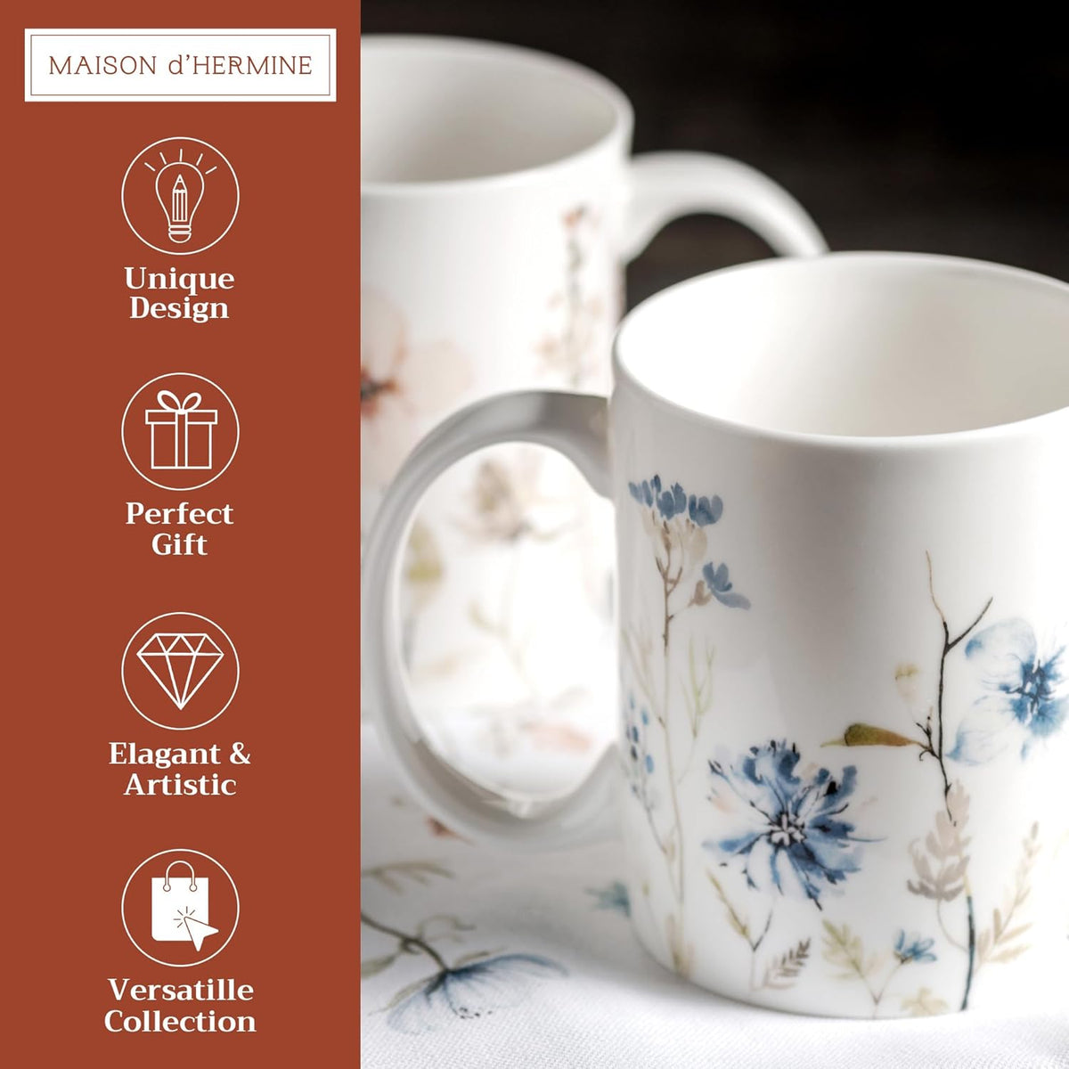 Maison d' Hermine Coffee Mug with Handles Fine Bone China Mugs Pack of Two Tea Cups for Hot Beverages Cappuccino Latte Home Restaurant Office Perfect for Gift (Ice Florals, 12 Ounce)