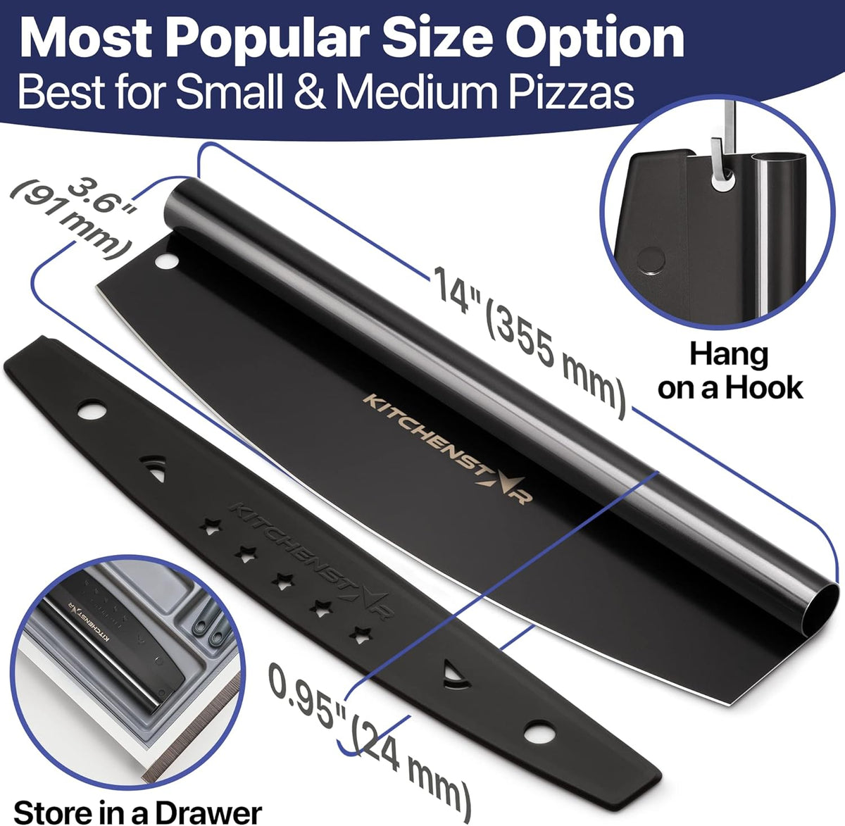 KitchenStar 14-Inch Pizza Cutter Rocker Blade - Sharp Stainless Steel Slicer Knife, Protective Cover, Black Nonstick, Large - Professional Pizza Oven Accessories
