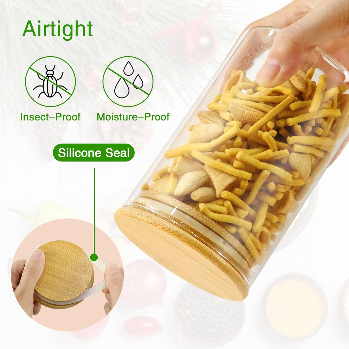 Glass Jars with Bamboo Lids 20 oz, 12 Pcs Stackable Kitchen Glass Pantry Storage Containers with Airtight Bamboo Lids for Rice, Candy, Sugar, Flour, Nuts, Cookie, Bean