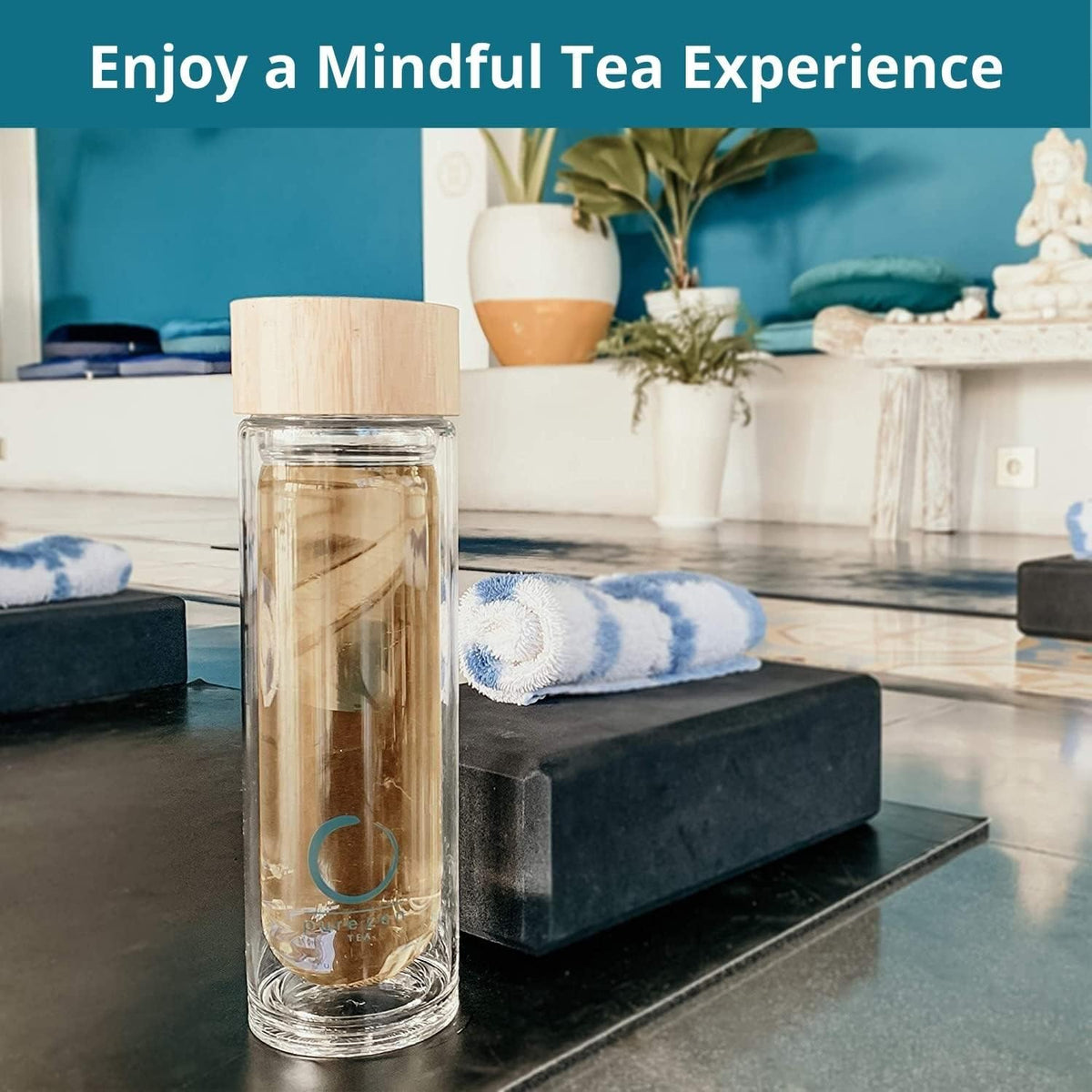 Pure Zen Tea Infuser Bottle - Insulated Glass Bottle for Loose Leaf Infusions - Tea Tumbler with Infuser - Portable Travel Mug for Infused Water - Thermos with Diffuser on the Go - 15 oz