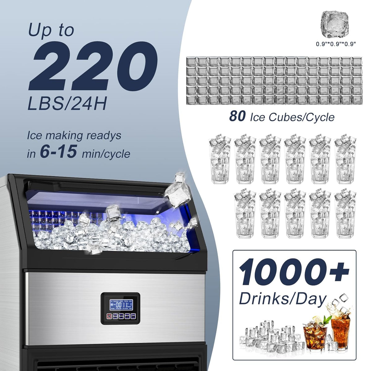 Commercial Ice Maker Machine 250LBS/24H with 75LBS Storage Bin, Stainless Steel Undercounter/Freestanding Ice Maker Machine for Home Bar Outdoor, 80PCS Ice Cubes Ice Machine, Self Cleaning