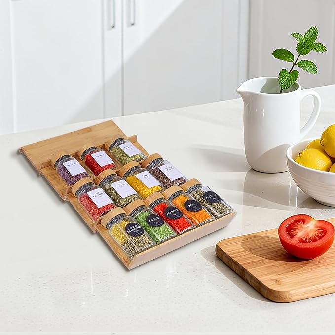 Bamboo Spice Rack for Drawer with 12 Jars,4 Tier Stackable Seasoning Storage Organizer Insert,for kitchen condiments storage insert（Combined Size:18.9" D x 9.5" W x 1.8" H）
