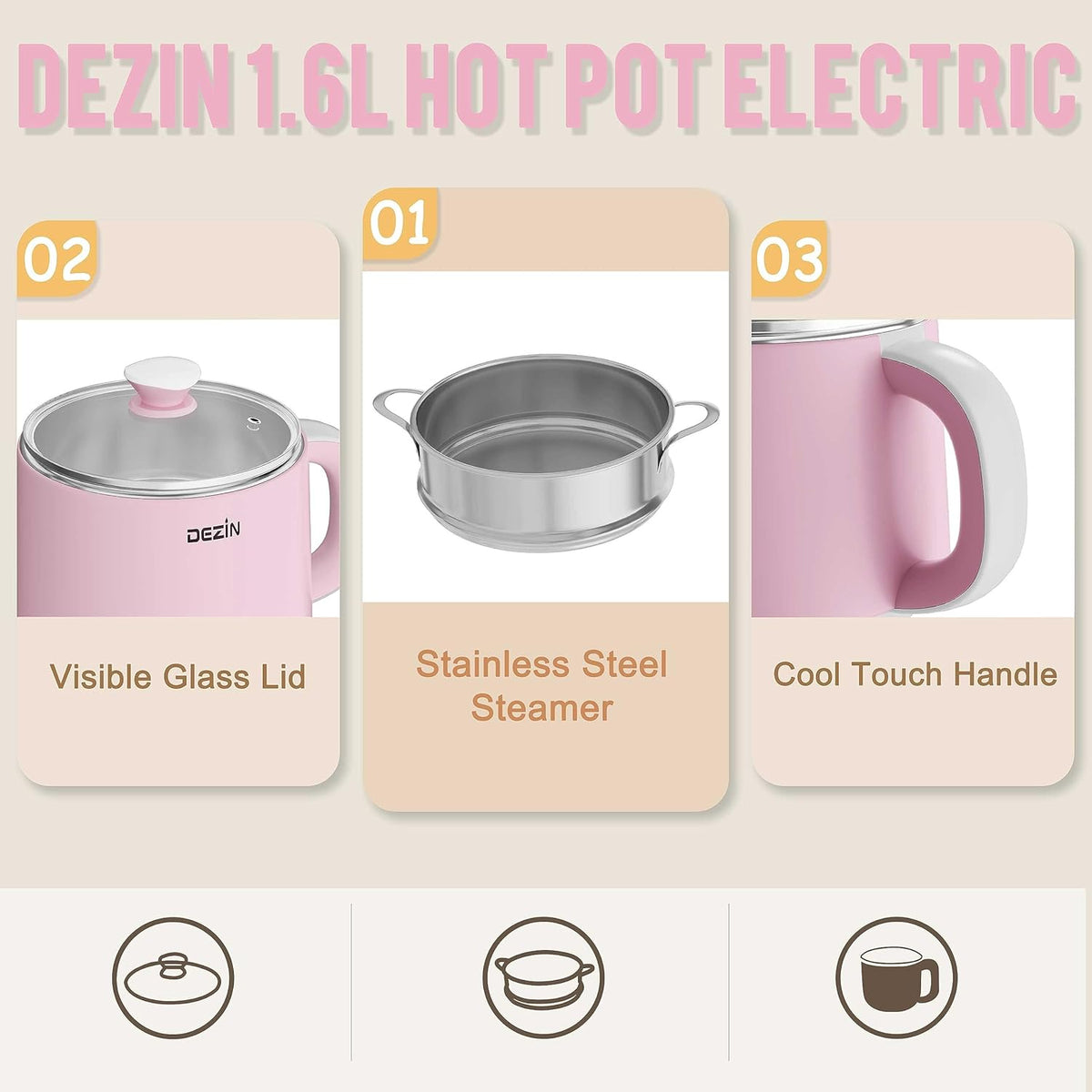 Dezin Electric Pot with Steamer, Hot Pot Electric 1.6L, Stainless Steel Cooker for Ramen, Egg, Dumpling, Soup, Oatmeal with Temperature Control and Keep Warm Function, Pink