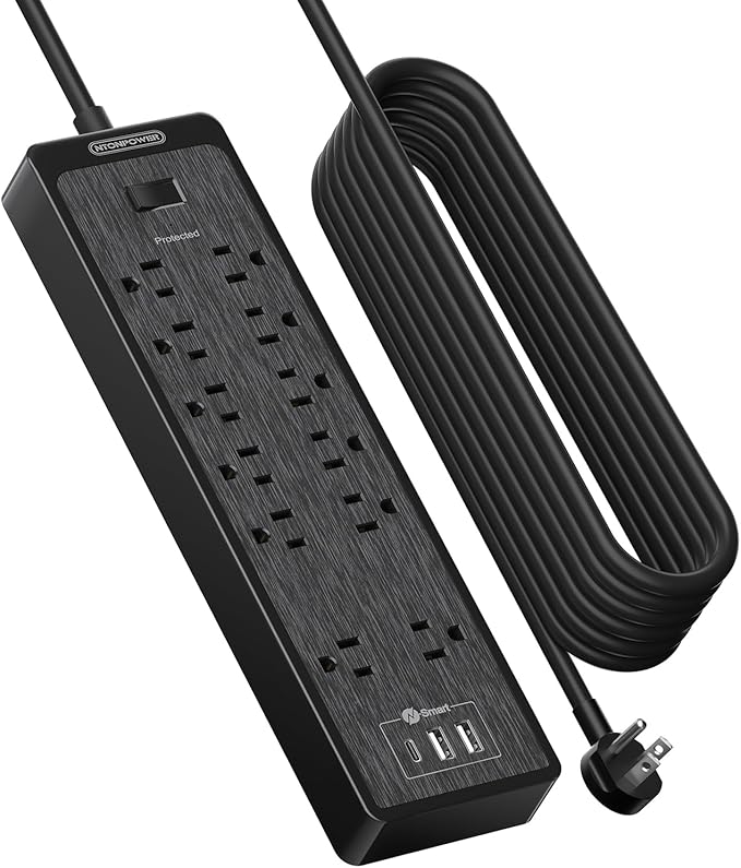 NTONPOWER Flat Plug Extension Cord 25 Ft, Surge Protector Power Strip with 12 Outlets(2 Widely Space) 3 USB, Overload Protection Switch, 2100 Joules, Wall Mount for Home Office and Workbench, Black