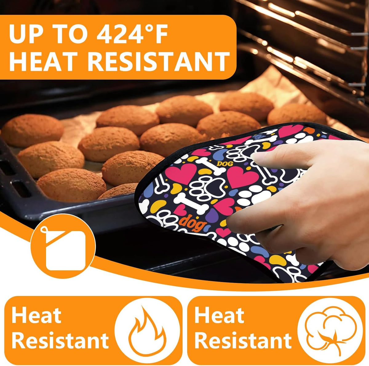 Paw Prints Oven Mitts and Pot Holders Sets 4Pcs,Extra Long Oven Gloves Potholder for Kitchen Cooking Baking BBQ 100% Cotton Heat Resistant