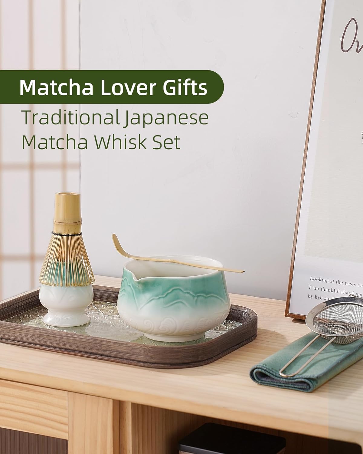 ZENS Matcha Whisk Set, Ceramic Matcha Set Includes Matcha Bowl, Matcha Whisk and Holder, Bamboo Scoop, Stainless Sifter & Tea Towel - 6Pcs Matcha Kit for Matcha Ceremony, Blue