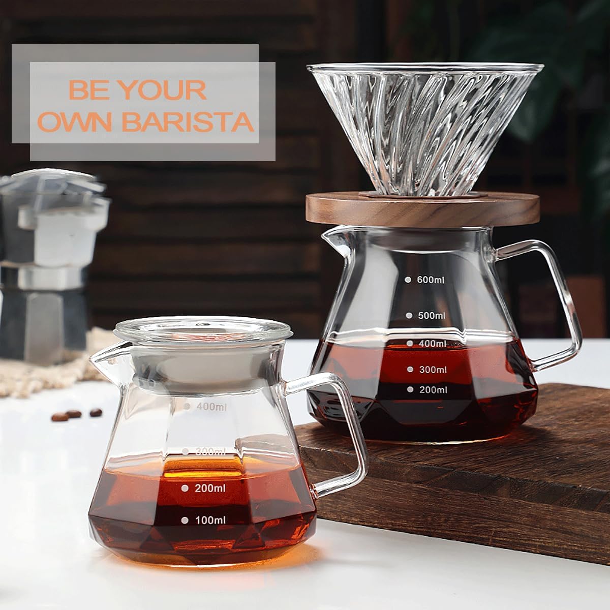 Glass Coffee Server for Drip Coffee Maker, Diamond Fashion Design Glass Coffee Carafe, Coffee Pot with Lid, Clear, 400ml(13.5oz)