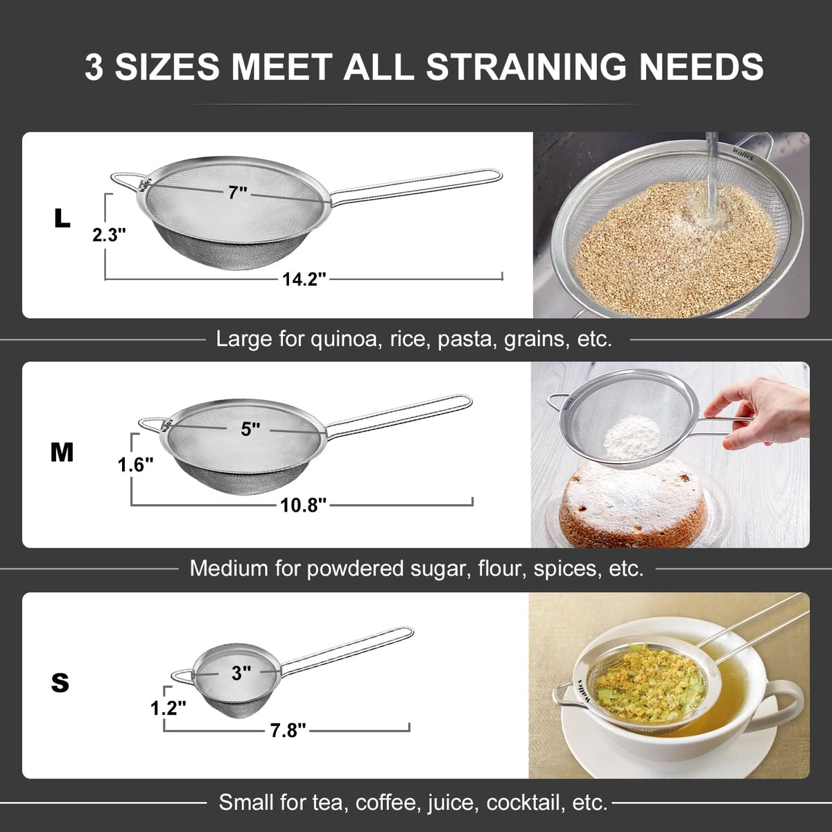 Walfos Fine Mesh Strainer Set of 3, Stainless Steel Wire Strainers for Kitchen, Multipurpose Metal Fine Sieve with Handle, Perfect for Food, Rice, Quinoa, 3", 5", 7"