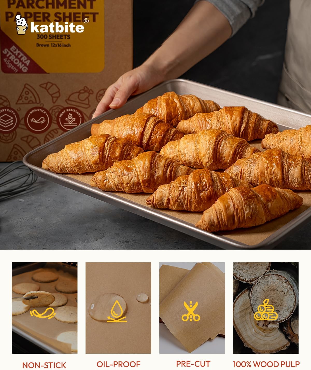 Katbite 300 Sheets 12x16 In Parchment Paper, Heavy Duty Baking Paper, Unbleached Non-stick Sheets for Air Fryer, Grilling, Steaming Cooking Bread Cake and Wrapping Foods