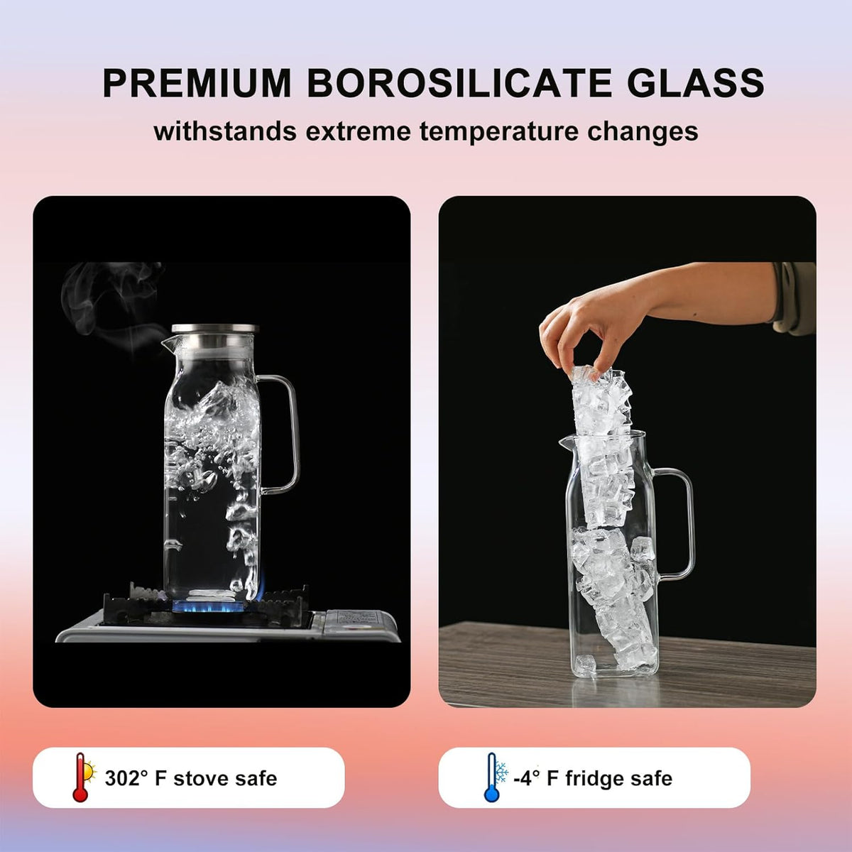 1.8 Liter Glass Pitcher with lid 60oz Glass Water Pitchers for Fridge Heat Resistant Glass Water Carafe with Handle for Party Water Jugs Tea pitcher Lemonade Iced Tea Jug Juice or Drinks