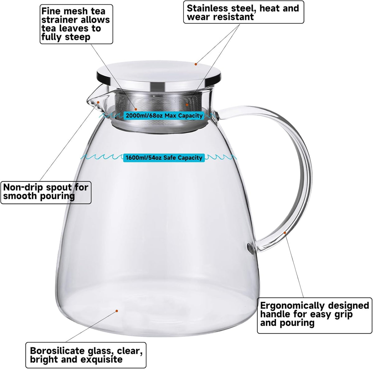 68OZ/2000ML One Touch Glass Teapot with Stainless Steel Filter Lid, Stovetop & Microwave Safe Tea Maker Water Kettle, Strainer & Cover 2 in 1 Loose Leaf Tea Steeper Pot Coffee Carafe