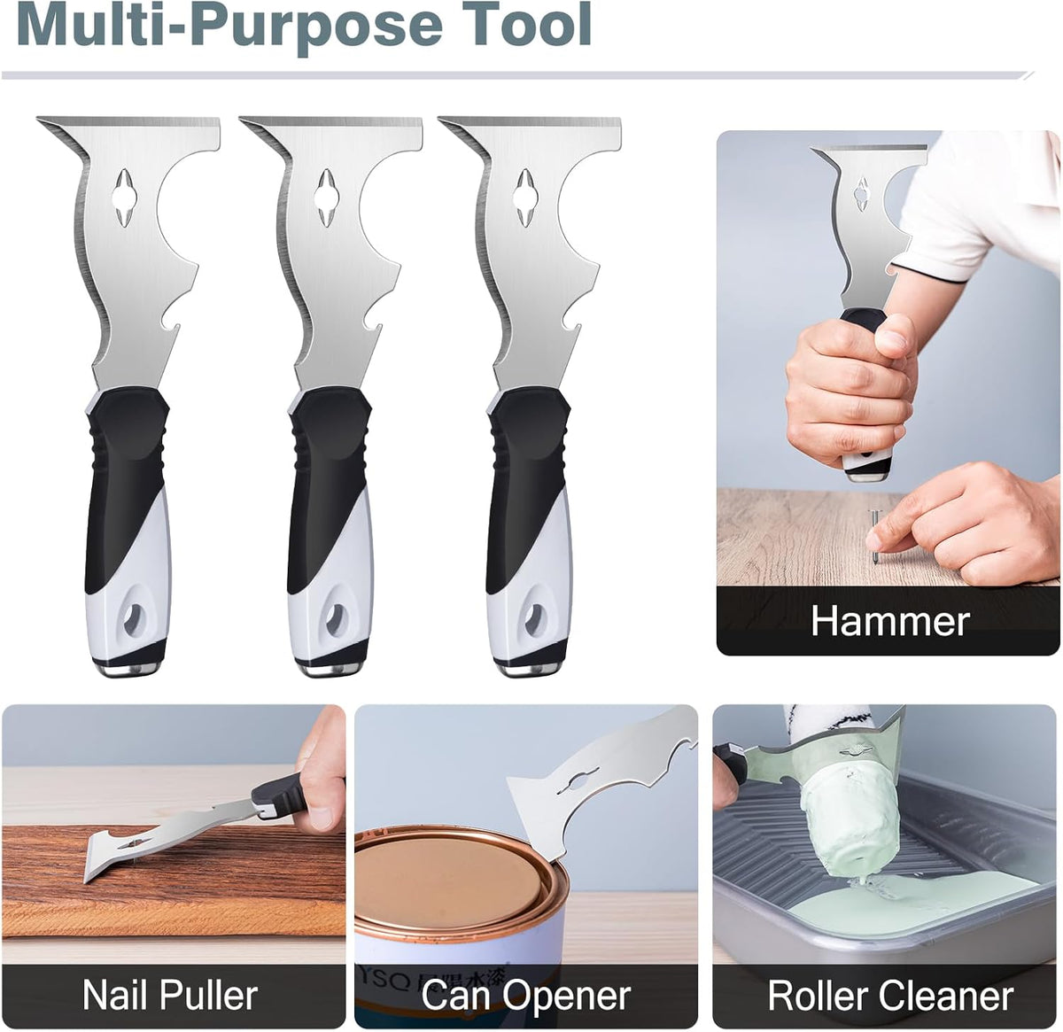 Mister Rui Paint Scraper, 3 Pack Multi Use Paint Tools Putty Knife 10 in 1, Paint Scraper Tools for Painting, Metal Scraper with Hammer End, Taping Knife, Spackle Tool