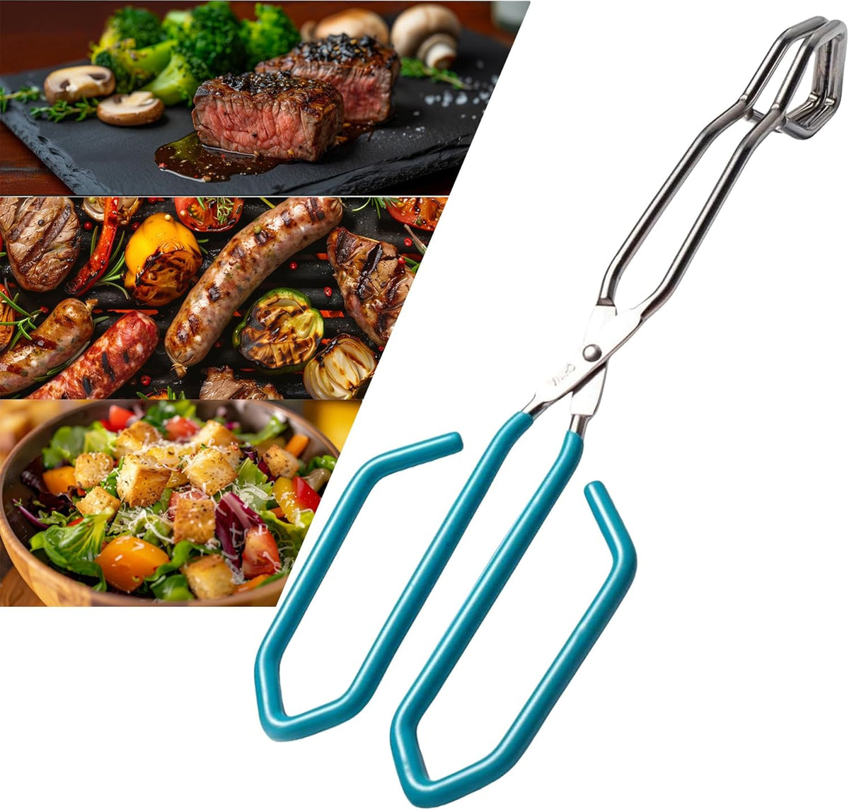 Stainless Steel Scissor Tongs, Heavy Duty, Kitchen Tongs for Food Cooking Barbecue BBQ Grilling and Serving (2pcs Blue)