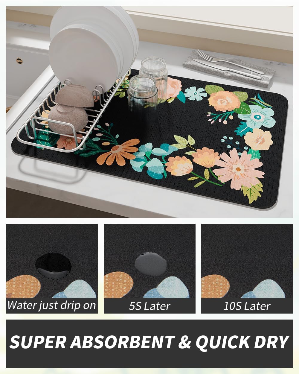 AMOAMI Coffee Mat Hide Stain Rubber Backed Absorbent Dish Drying Mat for Kitchen Counter - Bar Accessories Fit Under Coffee Maker, Espresso Machine, Dish Rack - Floral Black 16x24