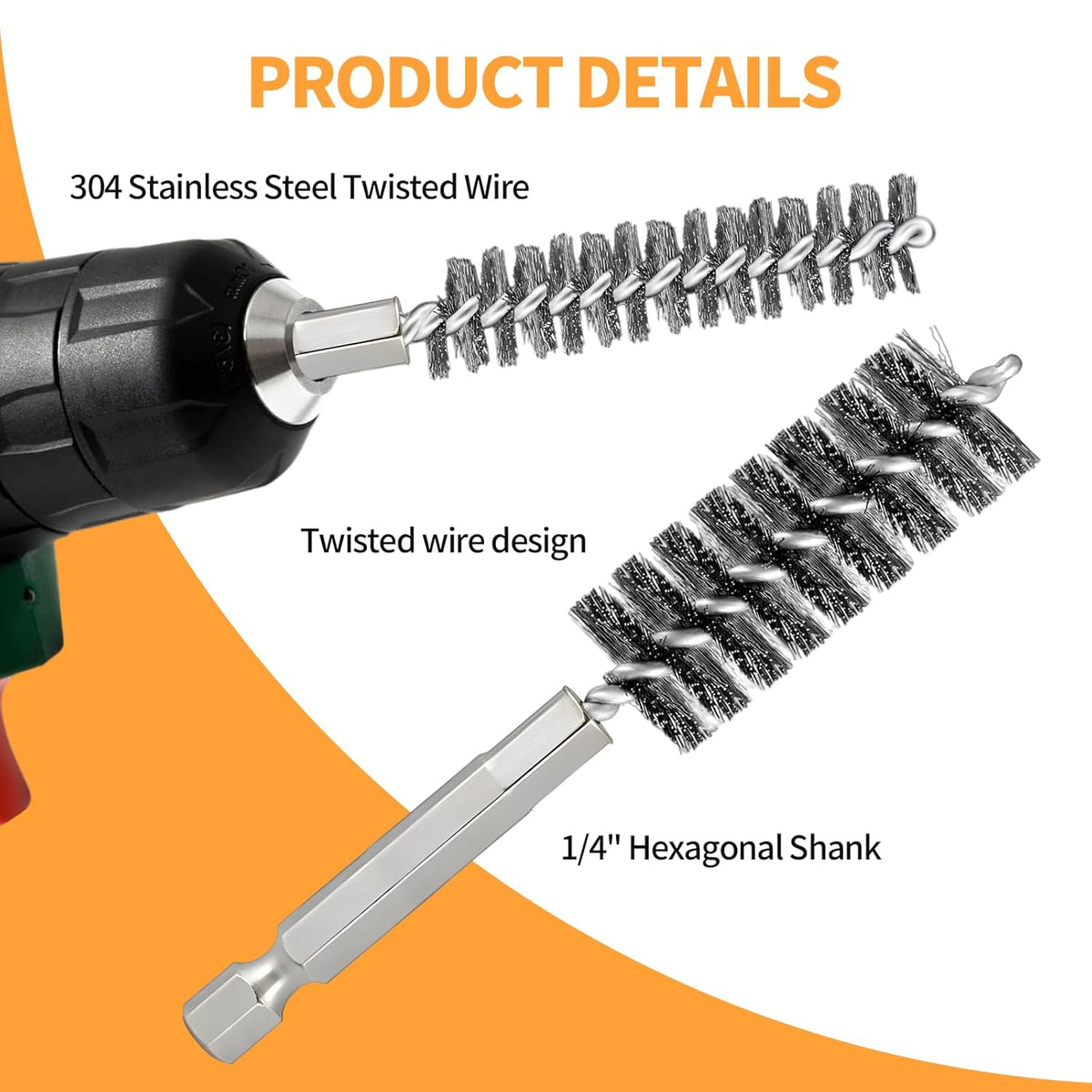 Bore Brush for Drill – 8pcs Stainless Steel Wire Tube Brush in Different Sizes, Twisted Wire Cleaning Brush with 1/4" Hex Shank, bore Brush Copper Pipe Cleaner for Power Drill & Tube Cleaning