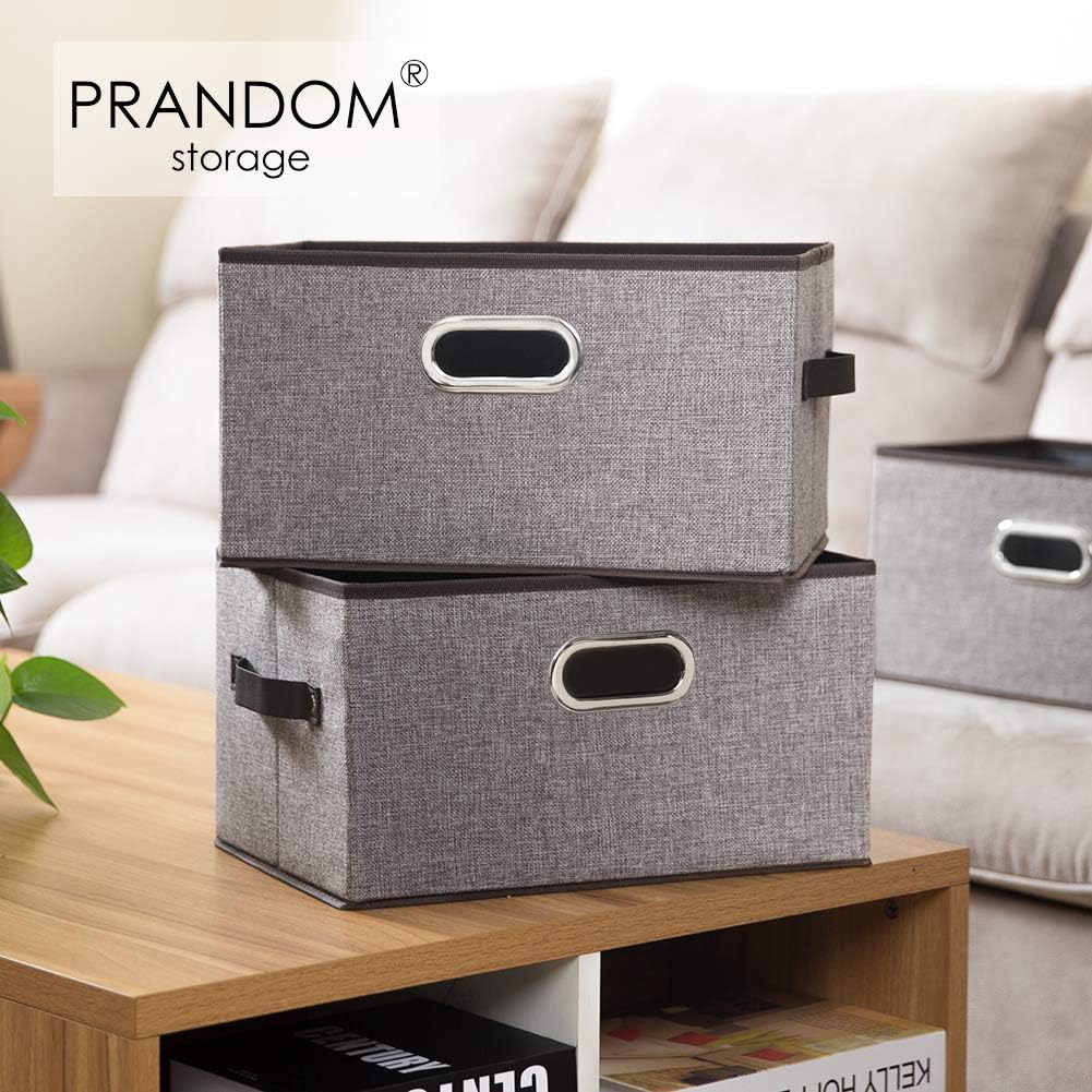PRANDOM Large Collapsible Storage Baskets for Closet [5-pack] Decorative Fabric Storage Bins Cubes with Leather/Metal Handles for Shelves Bedroom Living Room Grey (14.9x9.8x8.3 Inch)