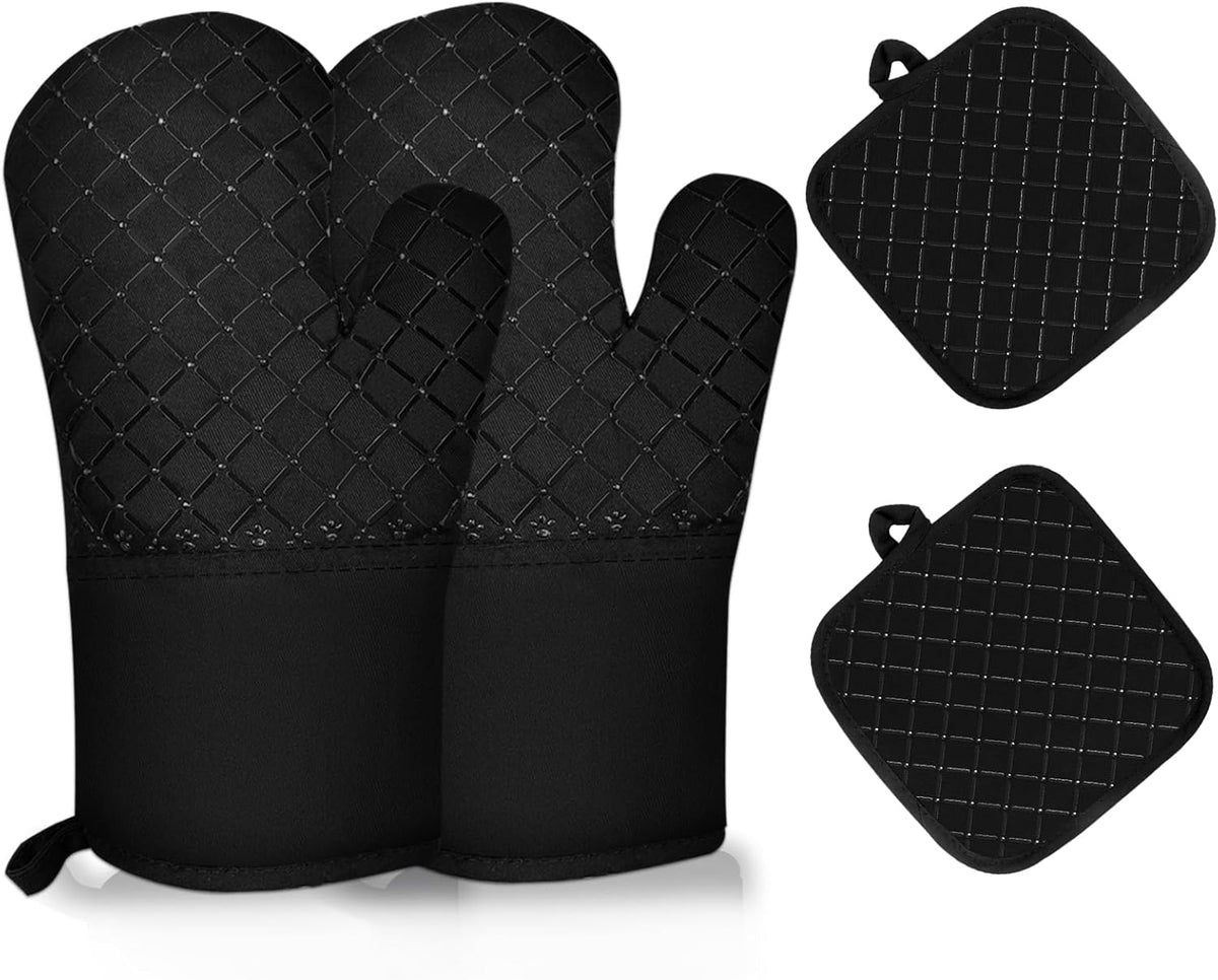 4PCS Oven Mitts and Pot Holders Sets 500°F Pot Holders for Kitchen Heat Resistant Oven Gloves Anti-Slip Silicone Stripe Oven Mitts Heat Resistant Hot Pads Oven Mits Potholders for Kitchens (Black)