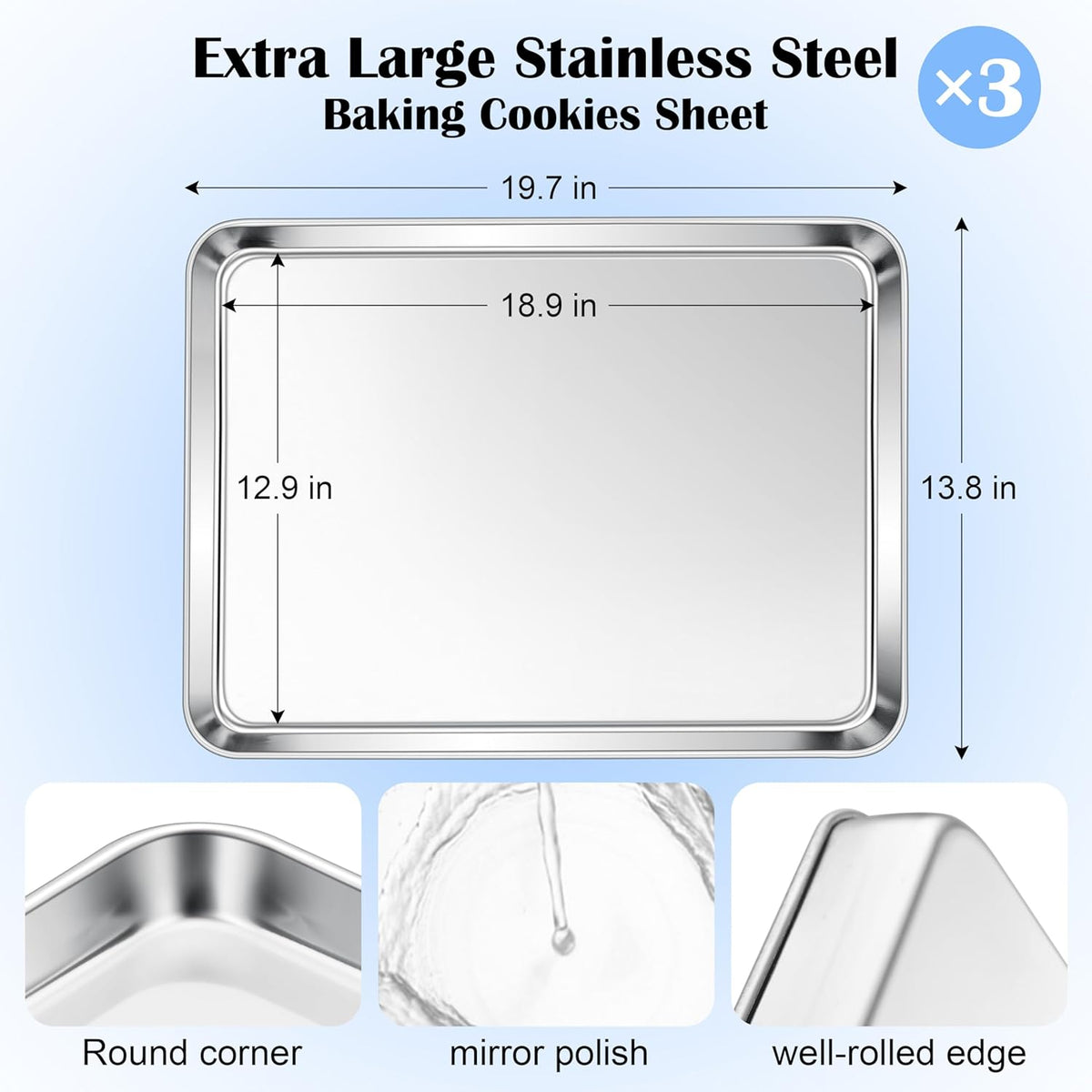 E-far Large Baking Sheets Set of 3, 20”x14” Stainless Steel Cookie Sheet Pans for Oven, Non Toxic Big Metal Baking Tray for Cake Cookies, Healthy & Rust Free, Mirror Finish & Dishwasher Safe