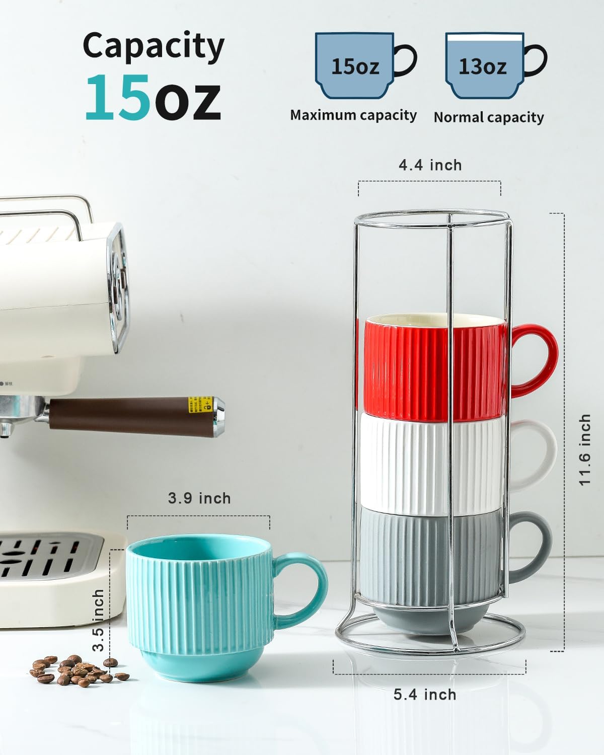 Hasense Ceramic Coffee Mug Set of 4 with Rack - 15 oz Stacking Ribbed Latte Cups Set for Cappuccino, Tea, Hot Cocoa, Drinks - Wedding & Housewarming Gifts Assorted Colors