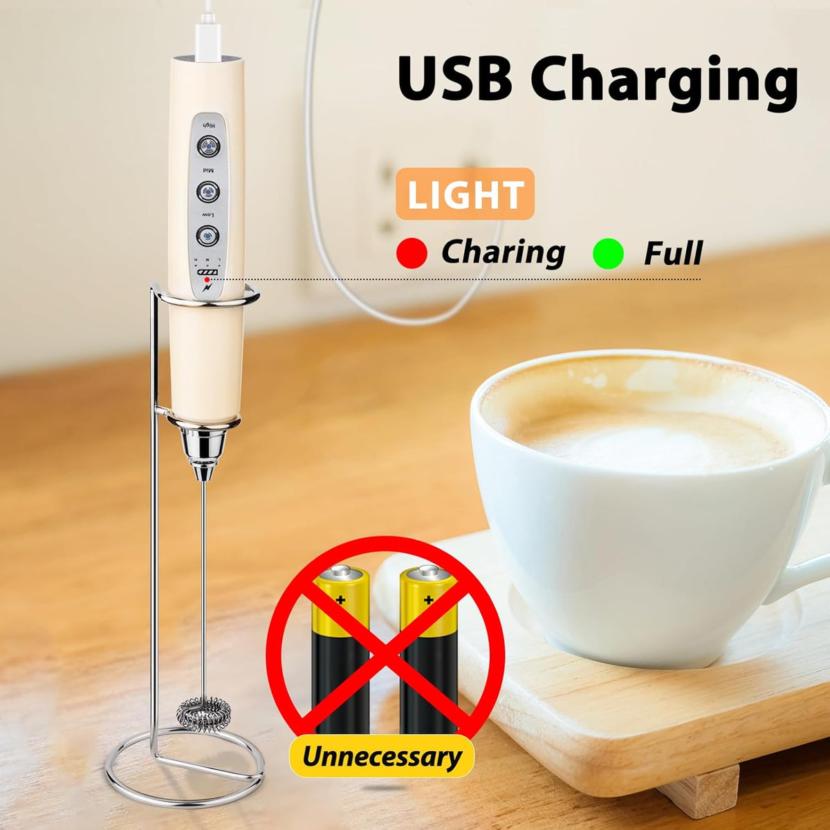 Milk Frother Rechargeable Handheld-Electric Whisk 3 Speed Adjustable, Coffee Frother Wand with 3 Stainless Whisks, Foam Maker, Drink Mixer Blender for Latte Cappuccino Matcha Egg (With Stand, Beige)
