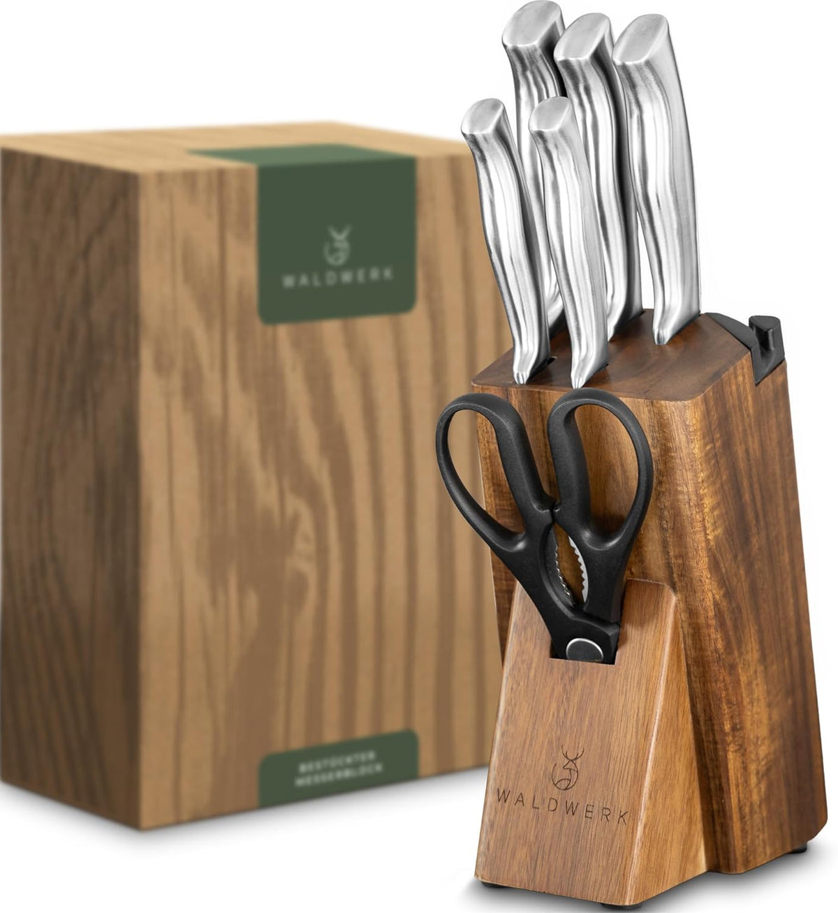 WALDWERK Knife Set - 7pcs Kitchen Knife Set with Block and Integrated Sharpener - Knife Block Set - Knife Block