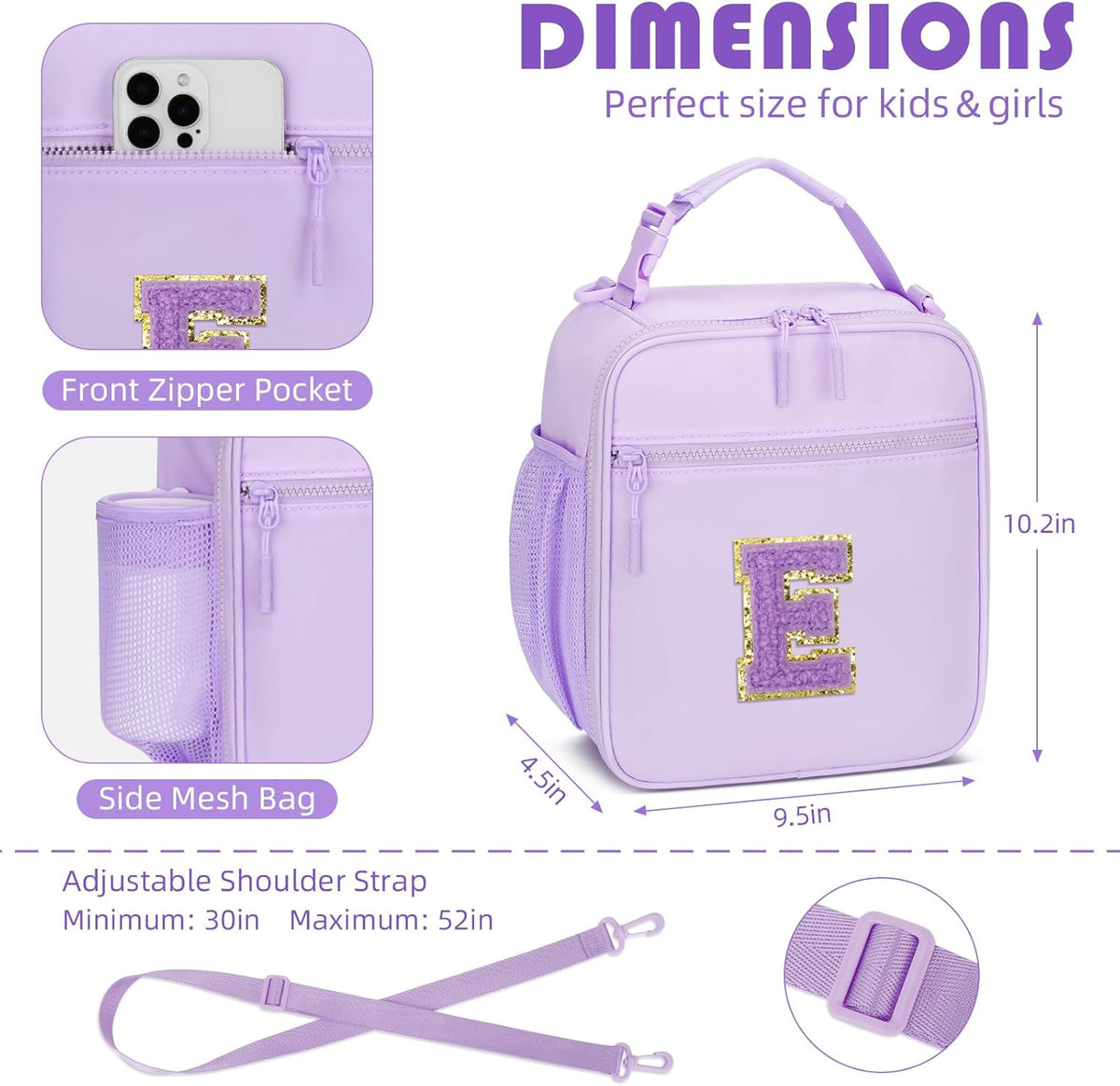 Initial Insulated Lunch Bag for Girls Kids, Back to School Gift, Reusable Leak-proof Lunch Box with Adjustable Strap for School Daycare Travel Picnic (Purple,E)