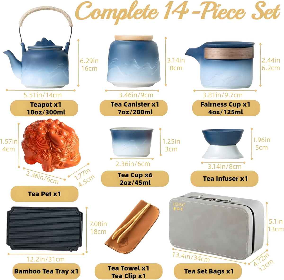 ICHAG Chinese Tea Set, Japanese Tea Sets for Adults, 15-Piece Porcelain Gongfu Tea Set with Tea Pet & Tea Tray, Japanese Teapot Set, Travel Tea Party Set, for Home/Office/Outdoor/Gifts (Blue)