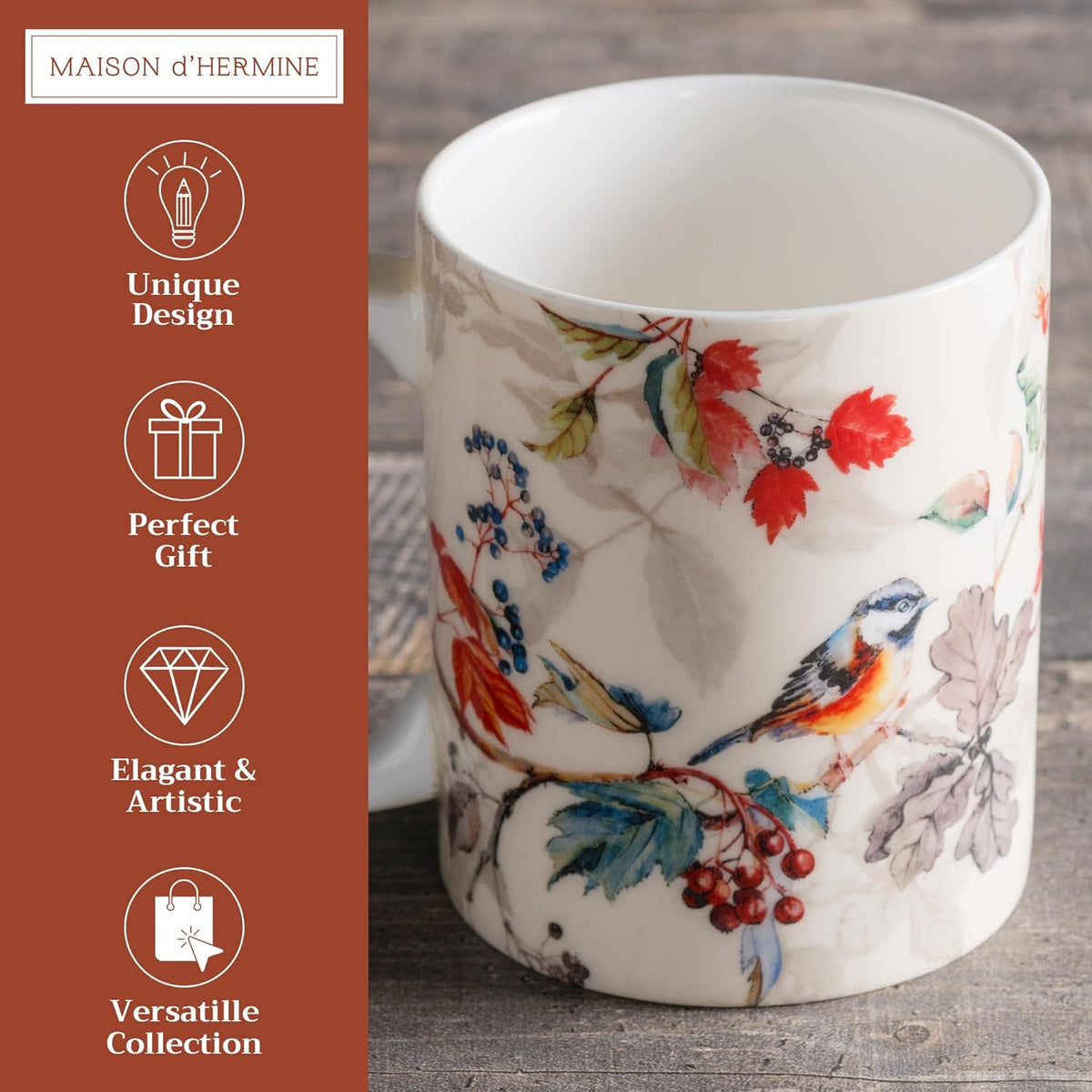 Maison d' Hermine Coffee Mug with Handles Fine Bone China Mugs Pack of One Tea Cups for Hot Beverages Cappuccino Latte Home Restaurant Office Perfect for Gift (Equinoxe - Beige Passerine, 12 Ounce)