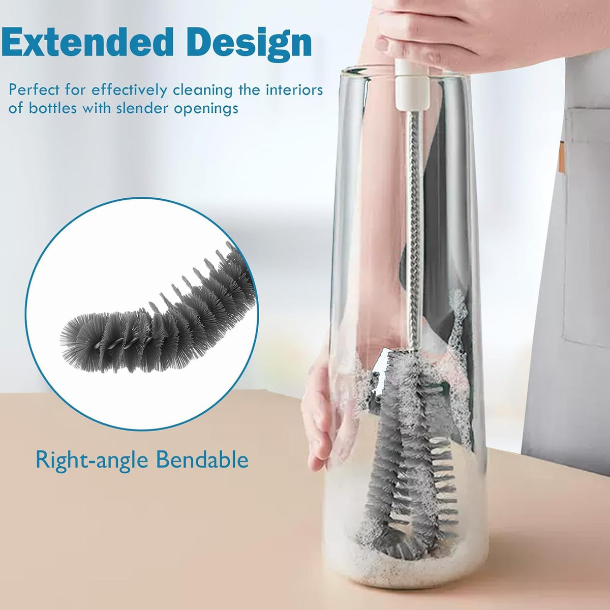 16 inches Long Handle Black Bottle Cleaning Brushes - Perfect for Baby Bottles, Sports Bottles, Glassware, Mugs, Jars, and Stemware (1-pc)