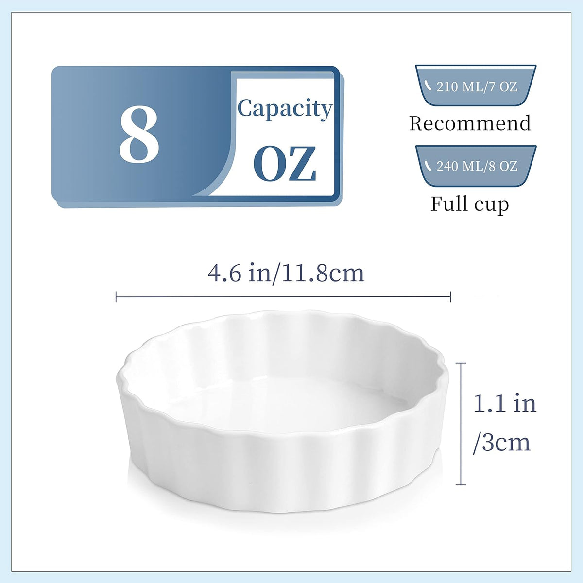 LOVECASA Porcelain Ramekins 8 Oz Oven Safe Set of 6 - Shallow Creme Brulee Dishes for Baking, Soufflés, Custards, Fluted Quiche Pans, Chip-Resistant & Stackable, White