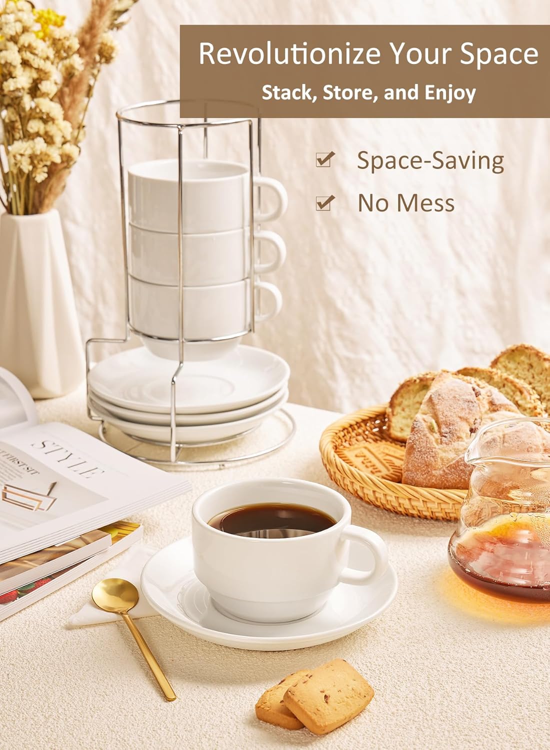 Yedio Porcelain 8 oz Coffee Cups with Saucers and Metal Stand, Porcelain Stackable Cappuccino Cups with Metal Stand, White, Set of 4