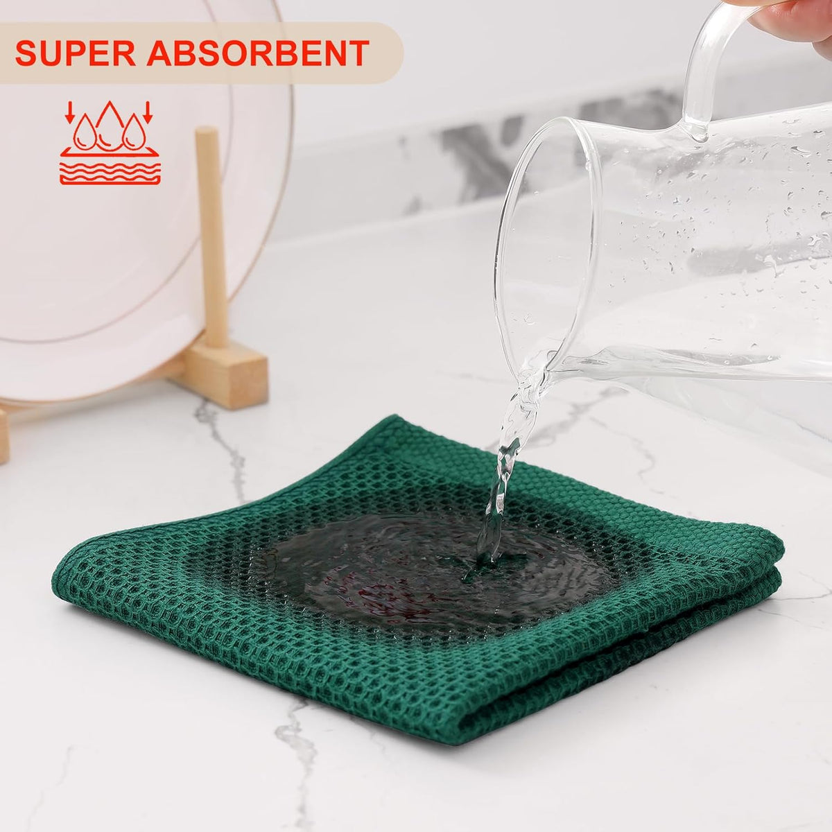 Kitinjoy 100% Cotton Kitchen Dish Cloths, 8 Pack Waffle Weave Ultra Soft Absorbent Dish Towels for Drying Dishes Quick Drying Kitchen Towels Dish Rags, 12 X 12 Inches, Dark Green