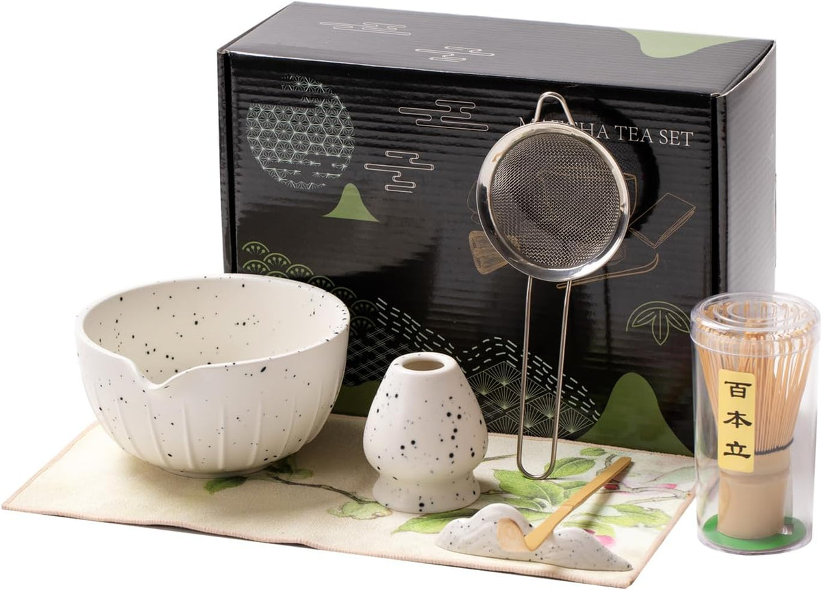 7Pcs Japanese Matcha Tea Set, Matcha Kit with Matcha Bowl (with Pouring Spout), Matcha Whisk, Whisk Holder, Strainer - Elegant Matcha Set for Gifting and Personal Use, Gift Box Packaging (white)