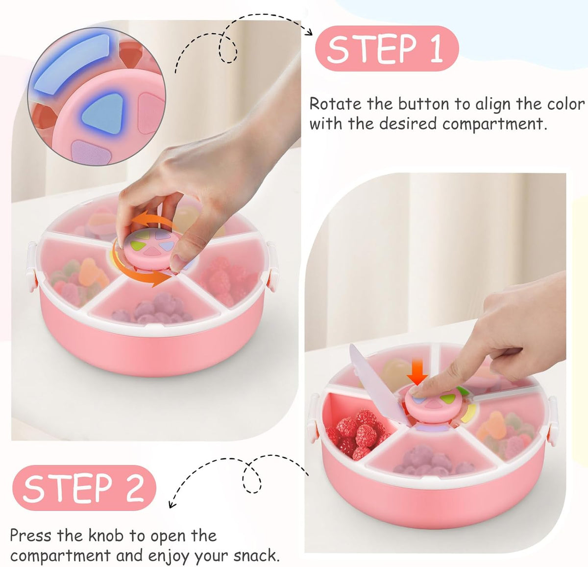Kids Snack Spinner – Reusable Snack Container with 5 Compartments & Lid, BPA/PVC-Free, Dishwasher Safe, Perfect for Travel, School Lunches & On-the-Go Snacking, Pink
