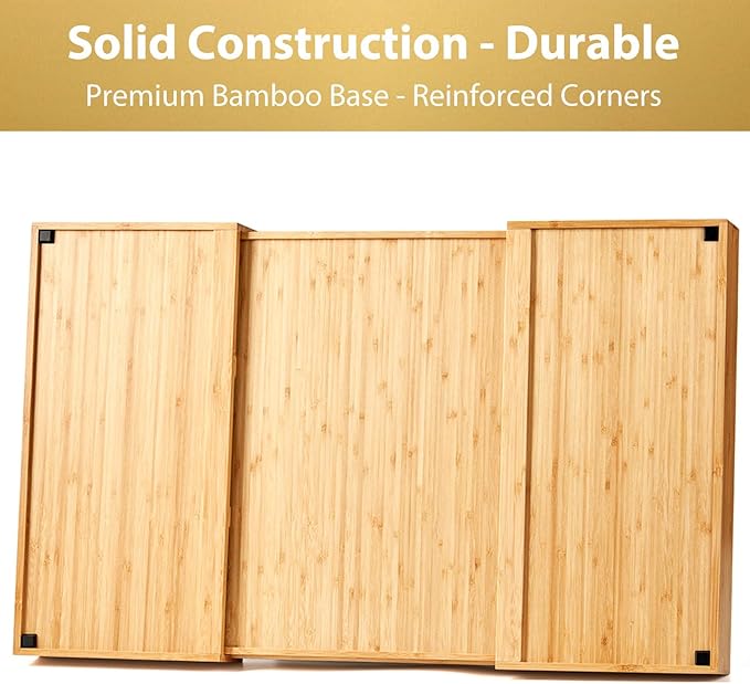 Umilife Extra Large Expandable Kitchen Drawer Organizer for Utensil and Junk, 19" Deep for Big Drawer, 19" to 33" Adjustable Bamboo Wood Drawer Divider, Cutlery Tray, Flatware Holder