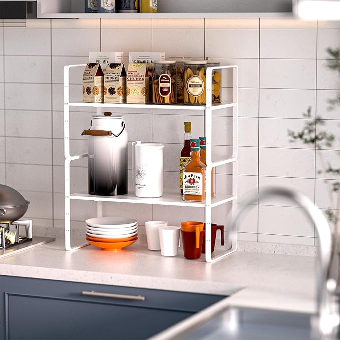 iPEGTOP Expandable Cabinet Storage Shelf Organizer Rack, Heavy Duty Cupboard Stand Spice Rack Adjustable Height Garage Pantry Shelf Space Riser for Counter Kitchen Organization, White, 3 Pack