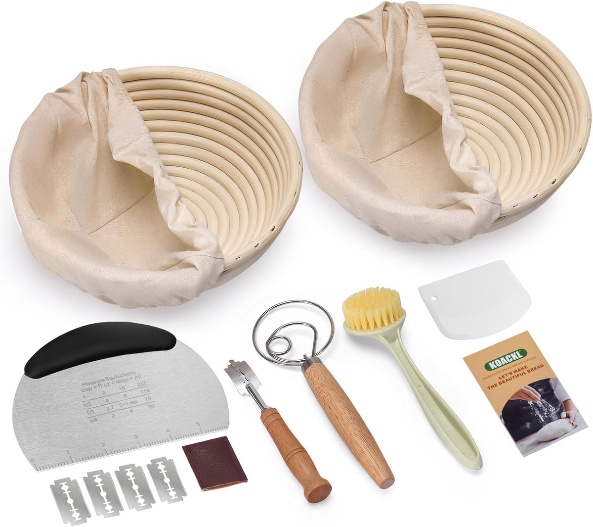 Sourdough Banneton Proofing Basket Set of 2, 9" Round Bread Proofing Basket with Starter Kit Sourdough Bread Baking Supplies for Sour Dough Proofing Fermentation