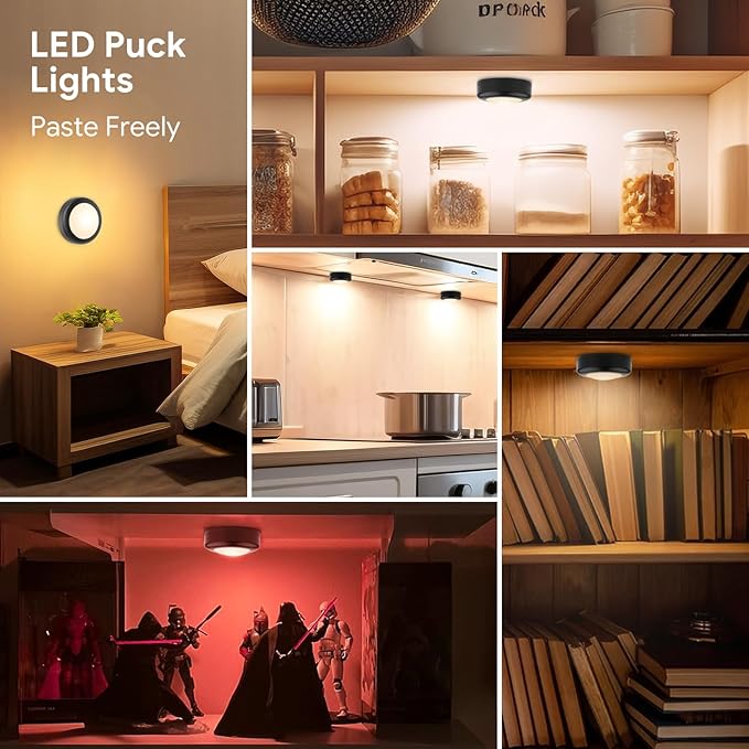 Yiliaw LED Puck Lights with Remote Control, AA Battery Operated Lights, 12 Color Closet Under Cabinet Lighting, Push Tap Light, Under Counter Light for Kitchen, 12 Pack, Black