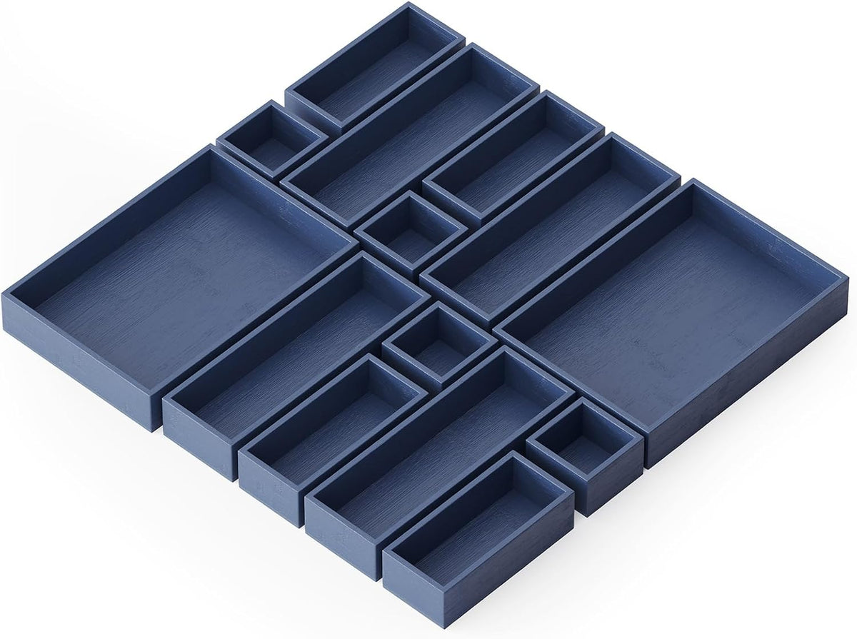SpaceAid 14-Piece Bamboo Drawer Organizer Storage Boxes Set, Wood Tray Junk Drawer Organizers Multi-Use Divider Bins for Kitchen, Bathroom, Office Desk and Makeup Organization (14 Pack, Navy Blue)