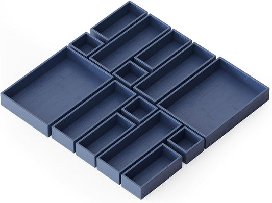 SpaceAid 14-Piece Bamboo Drawer Organizer Storage Boxes Set, Wood Tray Junk Drawer Organizers Multi-Use Divider Bins for Kitchen, Bathroom, Office Desk and Makeup Organization (14 Pack, Navy Blue)