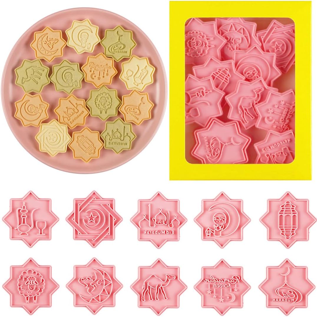 10 Pcs Eid Mubarak Cookie Cutters Set Baking Molds 3D Christmas Press type Cookie Cutter for Baking, Fondant, Cheese, and Pastries