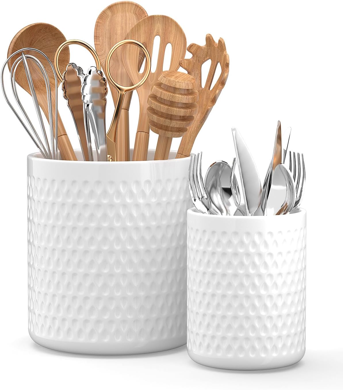 2 Pack Ceramic Utensil Caddy, Large Spatula Holder, Farmhouse Kitchen Decor for Silverware Spoon Crocks