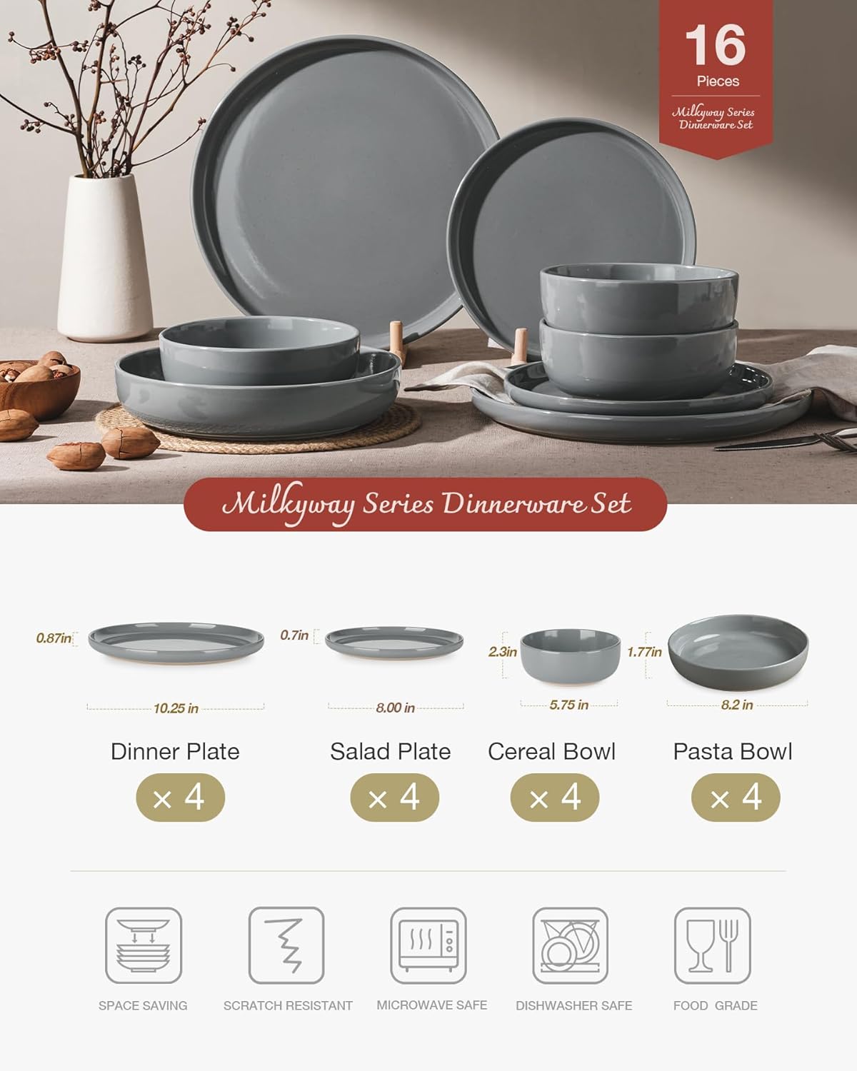 Famiware Milkyway Stoneware Dinnerware Sets with Pasta Bowls, Service for 4 (16 Pieces), Plates and Bowls Sets -Scratch Resistant, Microwave and Dishwasher Safe Dishes Set, Dark Gray