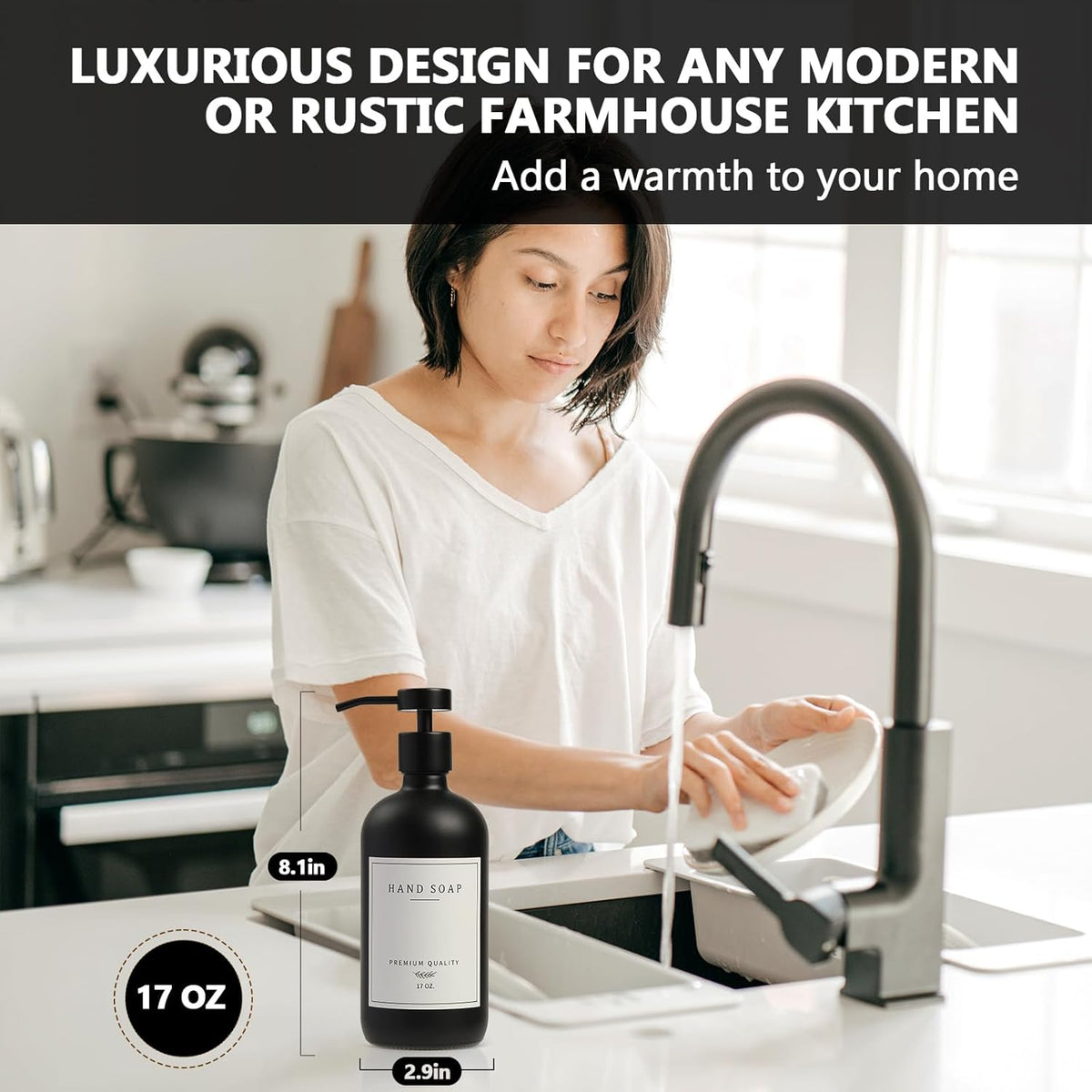 Black Soap Dispenser - Kitchen Hand Dish Soap Dispenser, Glass Bathroom Soap Lotion Dispenser with Tray, Dishwashing Liquid Dispenser, 14 Stickers, Black Bottle/Black Pump-pd