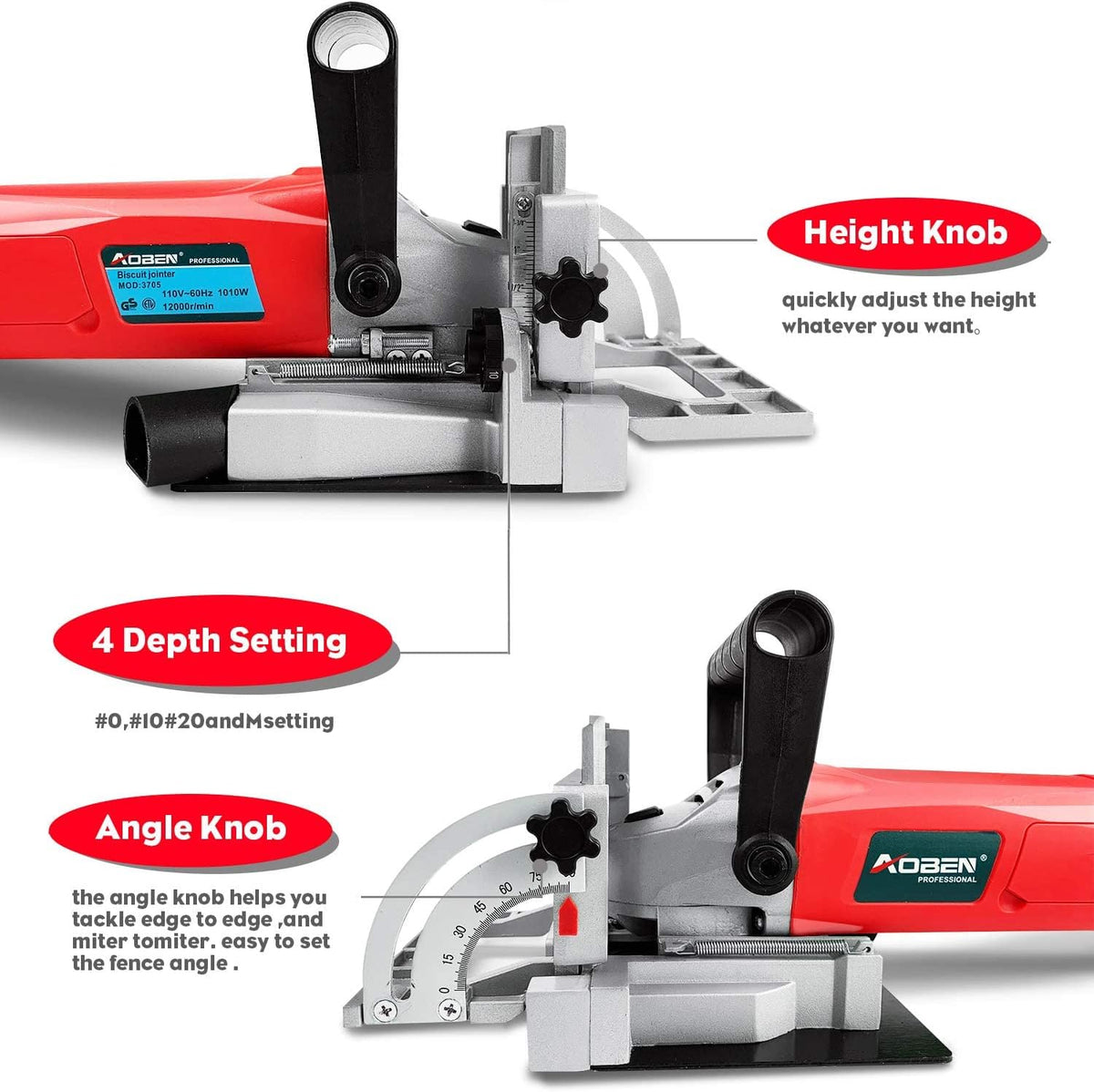 AOBEN Biscuit Cutter Plate Joiner 8.5 Amp With No. 0 Wood(30 Pcs) No. 10 Wood(30 Pcs) No. 20 Wood(50 Pcs), 4" Tungsten Carbide Tipped Blade, Adjustable Angle And Dust Bag