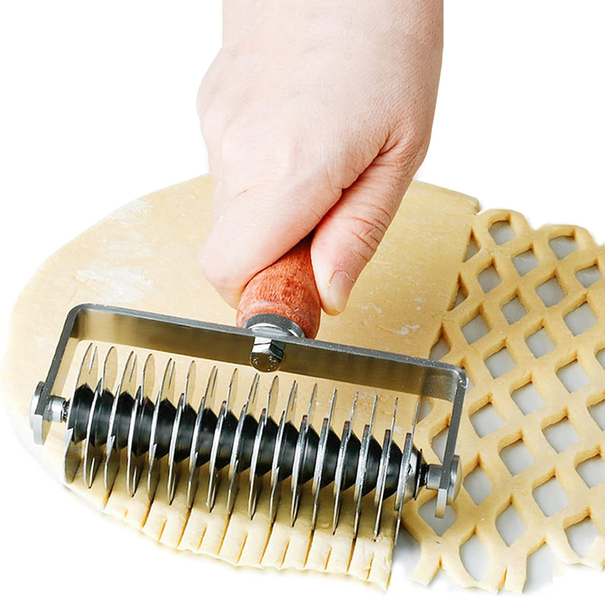 Stainless Steel Lattice Dough Cutter with Wood Handle, Pie & Pizza Pastry Roller maker, Bread Biscuit Maker