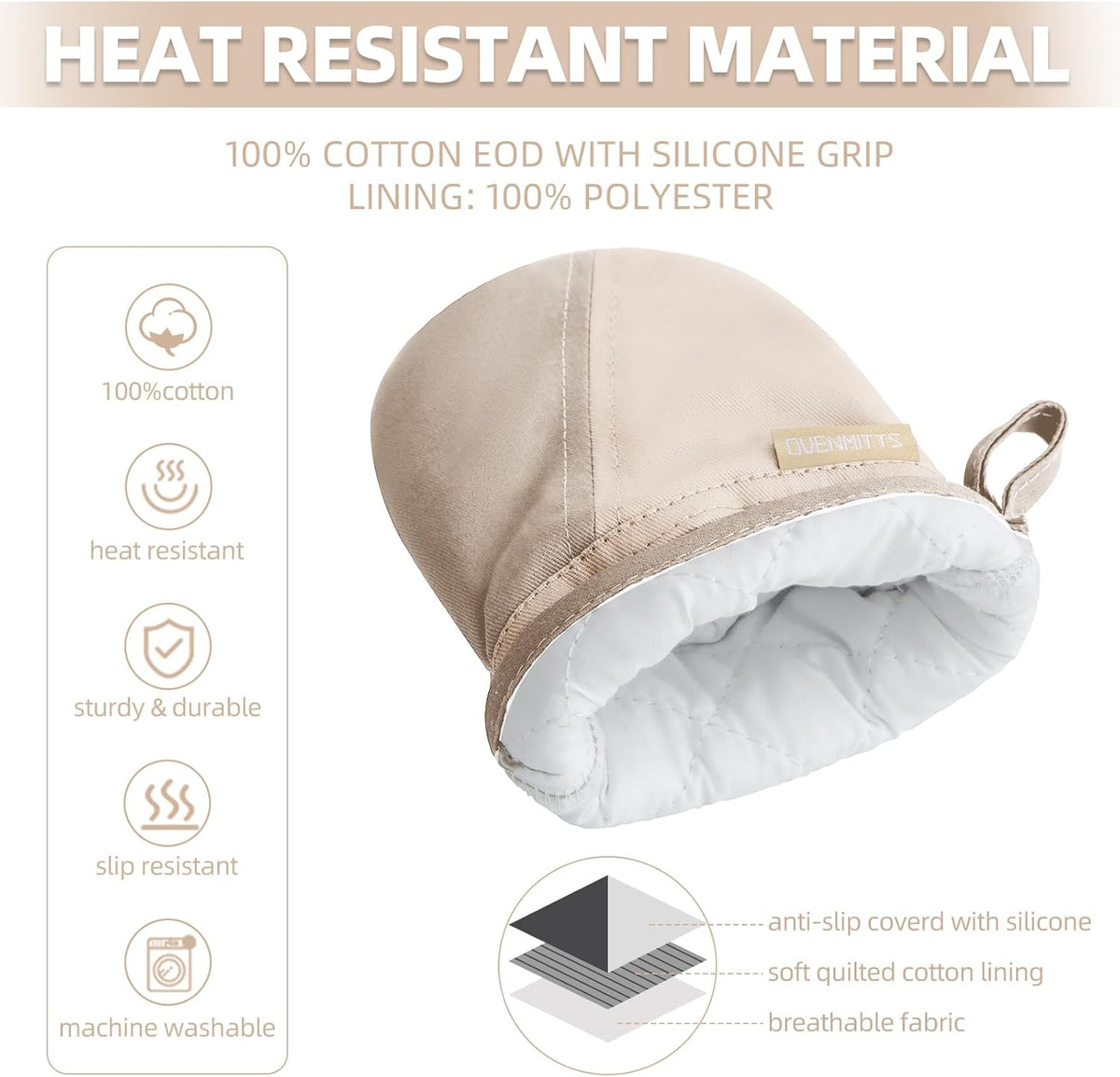 Mini Oven Mitts, Kitchen Oven Gloves Kitchen Mittens 500 Degrees Heat Resistant Baking Gloves, Non-Slip Silicone Surface with Hanging Loops Hot Gloves for Cooking, Baking, BBQ 1 Pair-Khaki